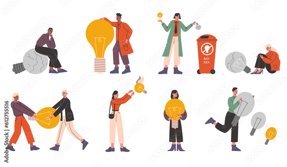 People interact with idea light bulbs. Glowing success and extinguished failure lamp. Inspiration lightbulb. Searching solution. Sad or happy characters. Persons brainstorm png set