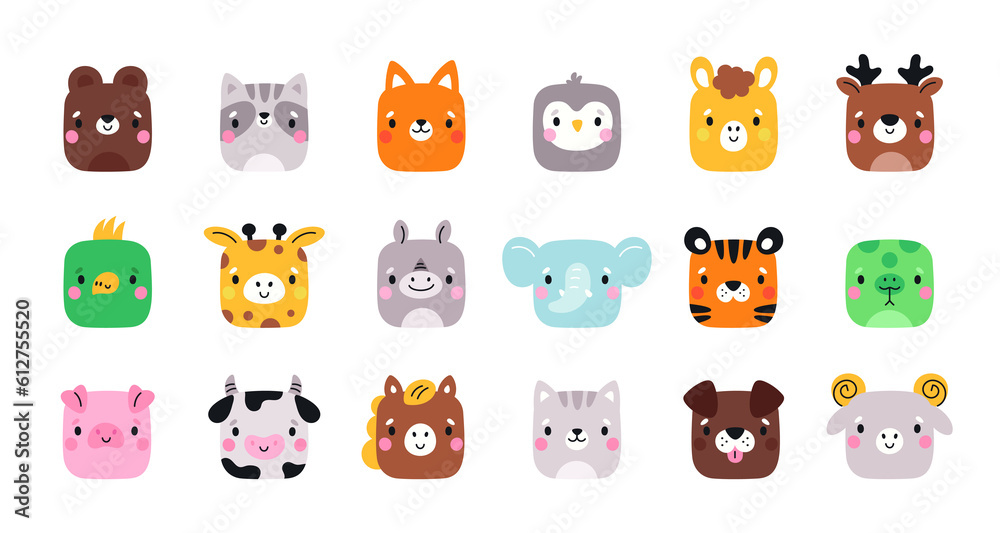 Cartoon animal square faces. Cute muzzles. Mobile applications icons. Happy bear and raccoon. Funny fauna characters. Dog pet. Elephant and penguin bird. Garish png mammals heads set Cartoon animal square faces. Cute muzzles. Mobile applications icons. Happy bear and raccoon. Funny fauna characters. Dog pet. Elephant and penguin bird. Garish png mammals heads set