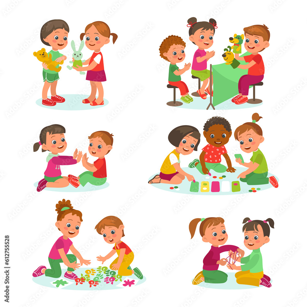 Children playing together. Kids group and pair activities. Boys and girls with different toys. Nursery fun. Table games. Cute little friends. Kindergarten leisure. Splendid png set