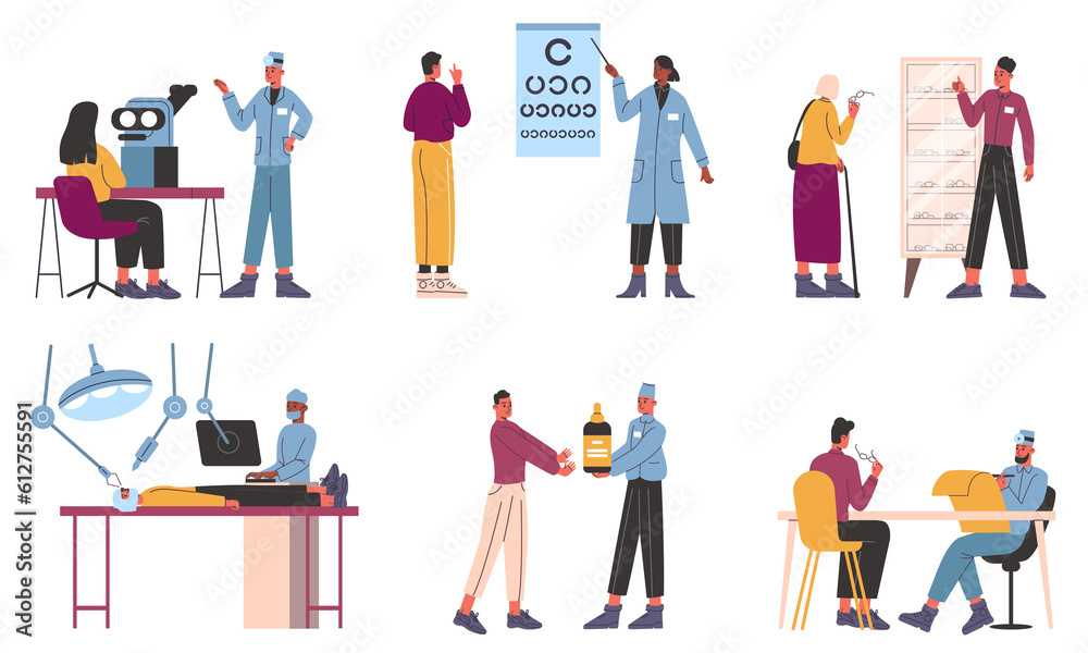 Ophthalmologist patients. Optical professional consultant. Doctor examining eyes. People check their eyesight and pick up glasses. Optometry diagnostic and surgery. png medical set
