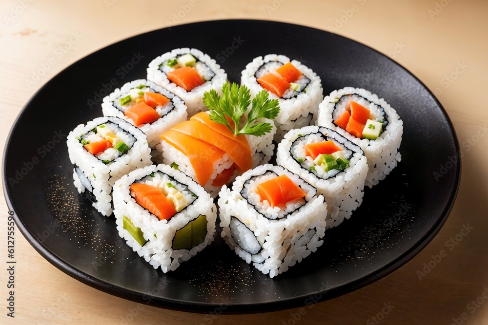 Japanese Cuisine - Sushi Roll with Salmon, Cream Cheese and Raw Salmon inside. 