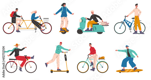 People ride electric city transport. Drivers on urban bikes. Woman on scooters and longboards. Man driving motorbike or gyroscooter. Eco friendly vehicles. png biking persons set