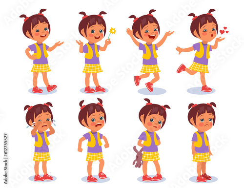 Cartoon girl expressions. Kid character in different poses. Positive and negative emotions. Cheerful or upset teenager. Cute child character. Laughing and crying teen. Splendid png set