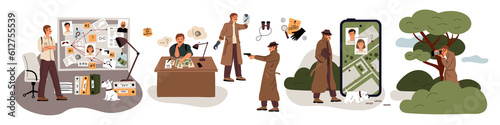 Cartoon private detective character. Man raincoat is investigating. Inspector searching evidences. Collects information. Investigator spying and finding suspects. Garish png set