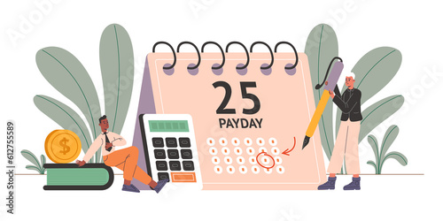 Payday. Guy circles payroll date on calendar. Employees waiting for salary payment. Loan and rent paying. Office workers. Money coin and calculator. Finance increase. png concept