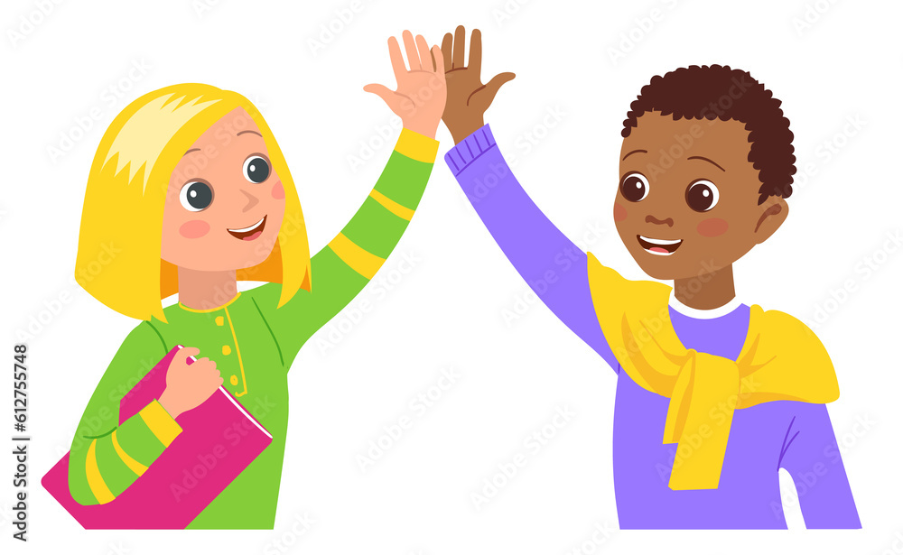 Kids greeting gesture. High five. Children smiling and clapping hands. Happiness expression. Positive emotion. Friends successful partnership. Success congratulations. png illustration Kids greeting gesture. High five. Children smiling and clapping hands. Happiness expression. Positive emotion. Friends successful partnership. Success congratulations. png illustration