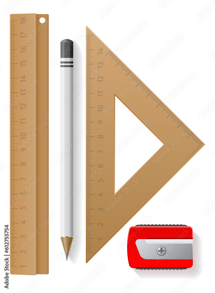 Realistic school supply. Office stationery top view. Wooden rulers and