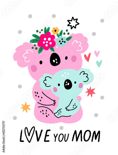 Cute koala greeting card. Kid loving mother. Happy mom and cub hugging. Cartoon animals. Zoo character with floral wreath. Funny family. Australian mammals. png holiday banner design