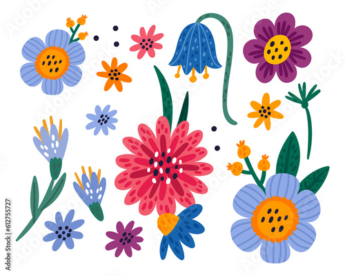 Funny cartoon flowers. Doodle blooming plants. Field or garden blossoms. Meadow cute daisy and bluebell. Kids drawing. Isolated floral buds and leaves. png botanical elements set
