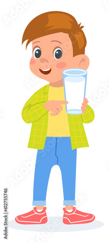 Child drink milk poster. Boy holding glass. Refreshing natural beverage. Healthy lifestyle. Breakfast nutrition with calcium. Fresh dairy product. Kid quenches thirst. png illustration