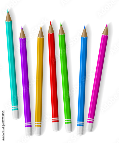 Realistic school supply. Office stationery. Sharpened wooden pencils. Drawing tools. Children painter education. Writing graphite pens. Different colors. png isolated crayons set