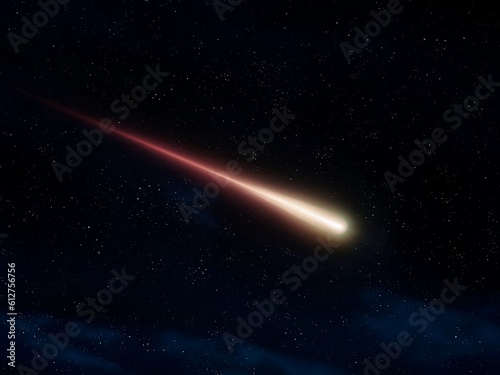 Shooting star in the sky. Beautiful meteor trail. Big fireball at night. Meteorite in atmosphere.