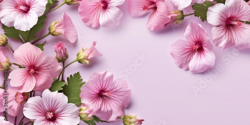 Mallow nature pink flower on bowl, copy space background, Generative AI © Montalumirock