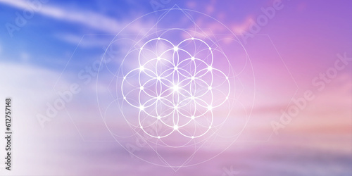 Flower of life. Tree of life. Sacred geometry spiritual new age futuristic illustration with transmutation interlocking circles, triangles and glowing particles