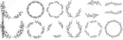 Luxury botanical gold wedding frame elements on white background. Set of circle shapes, glitters, eucalyptus leaves, leaf branches. Elegant foliage design for wedding, card, invitation, greeting