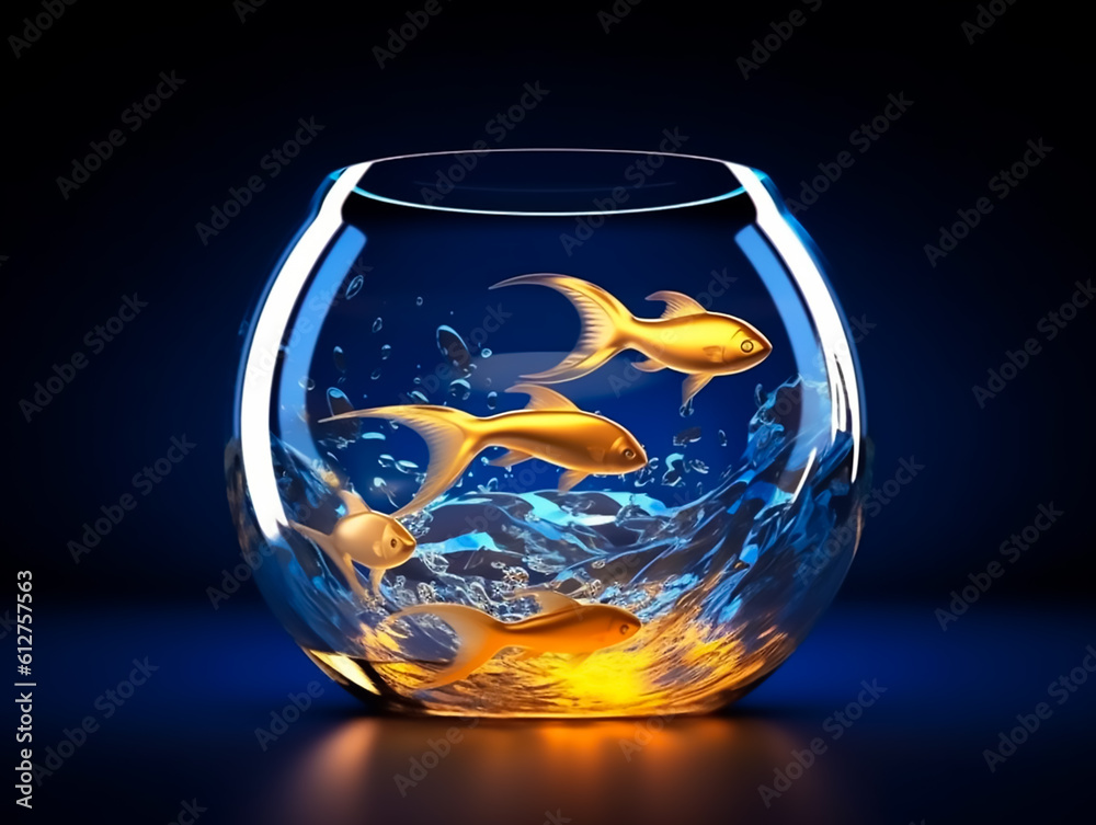 Modern style of glass vase made full water and glowing halo fish inside of vase, style gold and blue,Generative AI Modern style of glass vase made full water and glowing halo fish inside of vase, style gold and blue,Generative AI