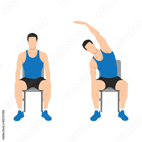 Man doing seated side bends or lat stretch exercise. Flat vector illustration isolated on white background