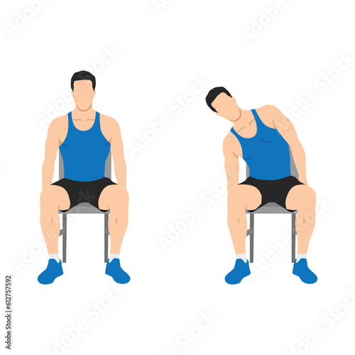 Man doing seated side leans or chair leans exercise. Flat vector illustration isolated on white background