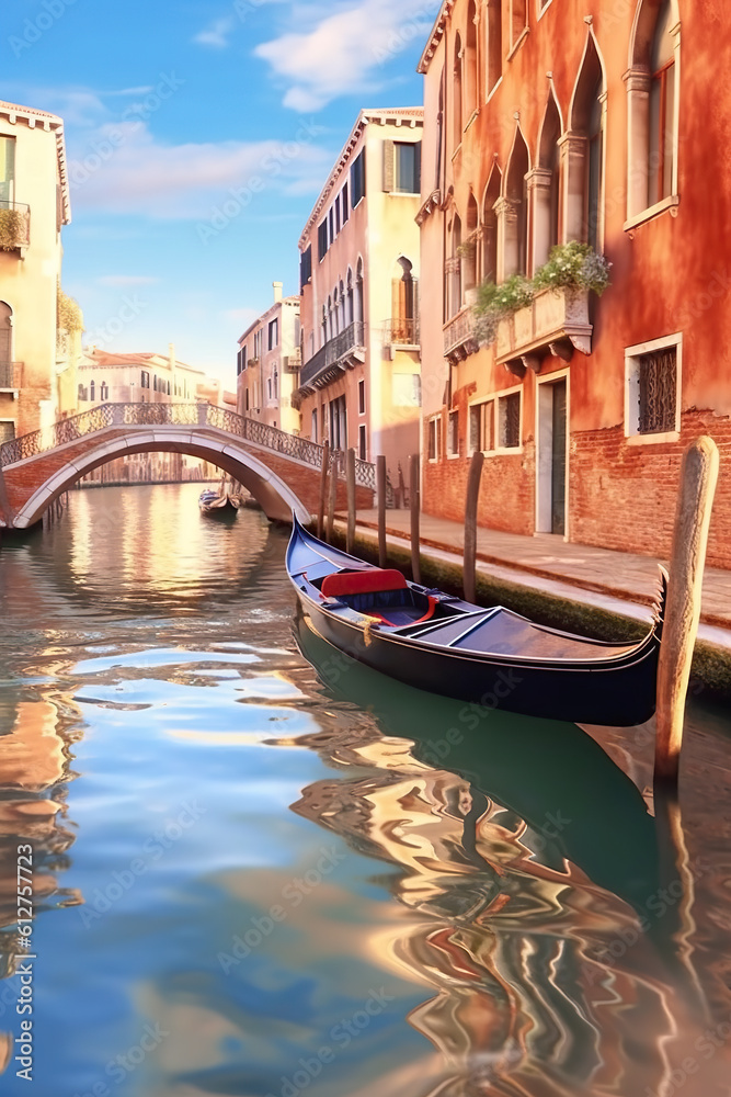 A gondola on a canal with a bridge in the background. Generative AI.