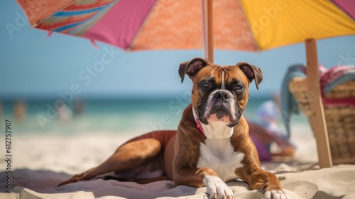 A candid shot of a boxer dog lounging under a beach umbrella, with sandy paws and a contented smile, epitomizing the perfect beach day - Generative ai © Filip