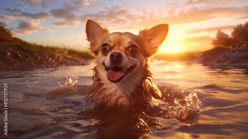 A captivating capture of a chihuahua playing in a tidal pool, with water splashing and the sun casting a beautiful glow on its expressive face - Generative ai © Filip