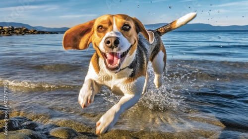 A delightful image of a beagle running freely along the shoreline, ears flapping in the wind, and a joyful expression of pure bliss - Generative ai