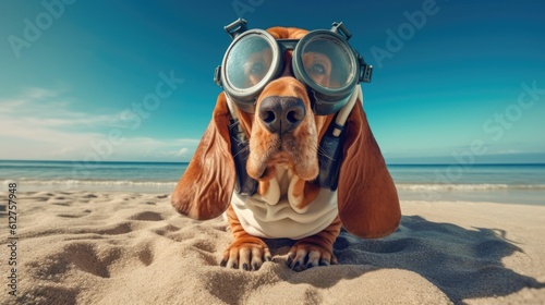 A humorous photograph of a basset hound wearing a snorkel mask and flippers, as if ready for underwater exploration, creating a whimsical beach scene - Generative ai