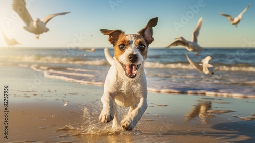 Photo A playful photograph of a Jack Russell terrier chasing seagulls along the shorel