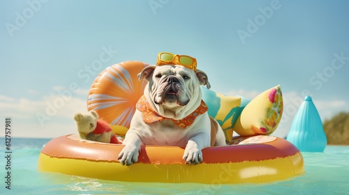 A whimsical photograph of a bulldog wearing a colorful beach hat and floaties, sitting in a small inflatable pool, and enjoying a refreshing drink - Generative ai © Filip