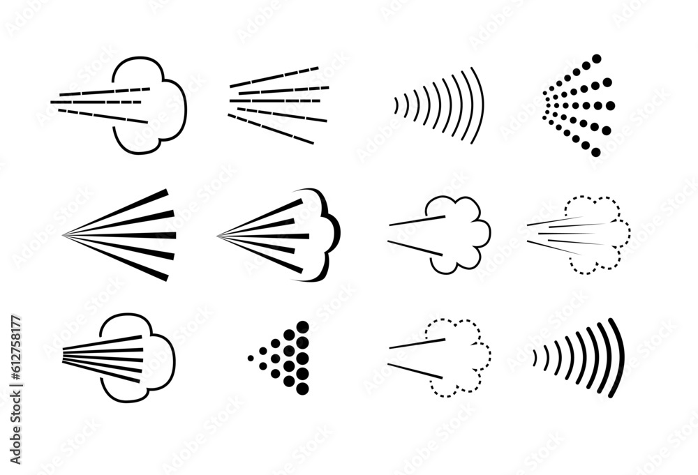 Spray steam icons. cleanning deodorant sprayed line icon set, spraying water steam nozzle flows vector signs. Vector