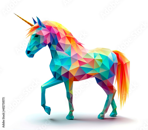 A full-body low poly 3D colorful rainbow unicorn isolated against a pure white background - Generative AI