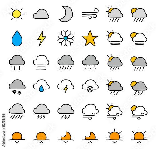 doodle weather icons set including clouds, rain, sunrises, sunset, electric, and more.