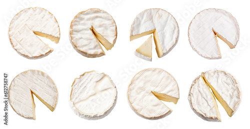 set of isolated illustrations of brie cheese. Created with Generative AI	 photo