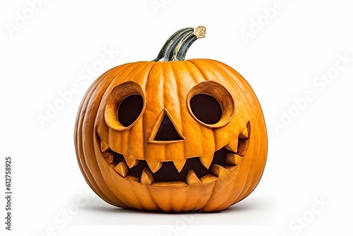 Scary smiles. Evil pumpkin for autumn halloween celebration. Spooky face on white background isolated. Jack o Lantern decoration for funny Generative AI illustrations © Thares2020