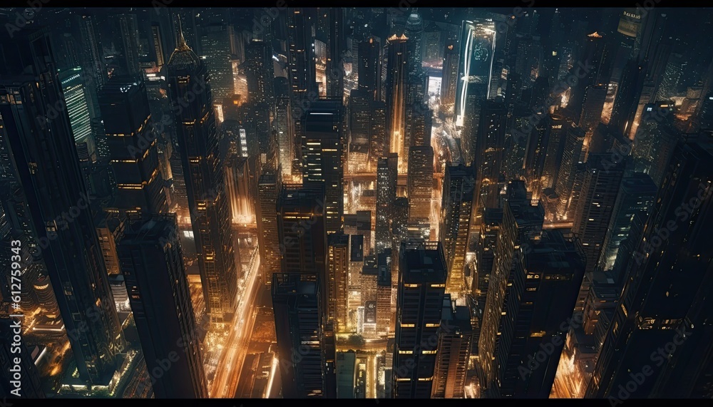 Skyscraper city at night Aerial drone view.