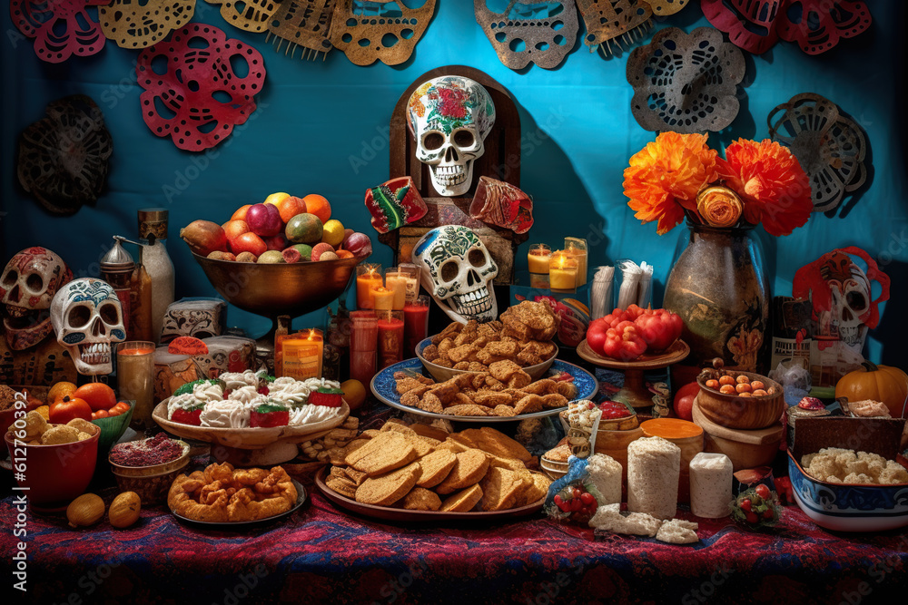 A table full of food and decorations for day of the dead. AI generative. Day of the Dead picturesque display