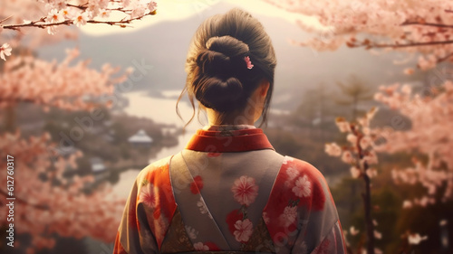 AI generative back view of a japanese woman wearing a traditional clothes surrounded by sakura flowers in spring 