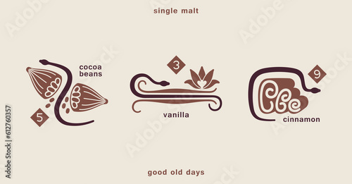 Vintage old style whiskey emblem. Vanilla, cocoa beans and cinnamon  with a wriggling snake. Contemporary minimal boho style. Vector template
