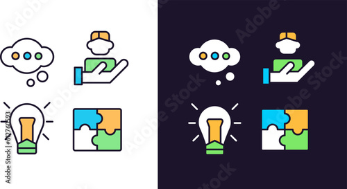 Teamwork pixel perfect light and dark theme color icons set. Healthy environment in workplace. Business development. Simple filled line drawings. Bright cliparts on white and black. Editable stroke
