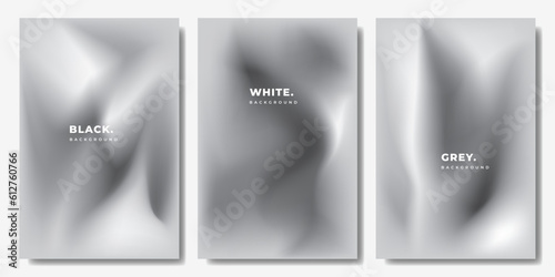 Grey gradient mesh background template copy space set. Black and white fluid backdrop design for poster, banner, leaflet, pamphlet, cover, booklet, magazine, or flyer.