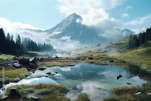 The illustration of the Embark on a visual journey to breathtaking heights, a crystal-clear stream meanders through the picturesque valley. Generative AI.