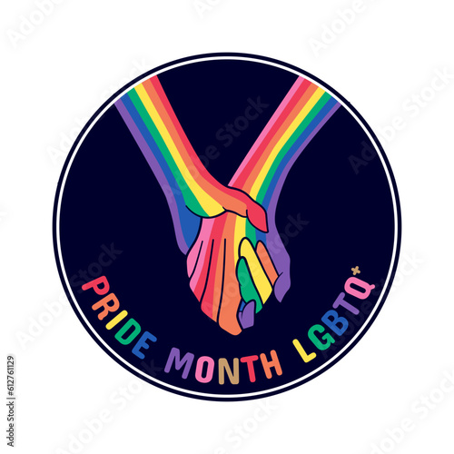 Illustration of holding hands with the theme of pride month. Design with rainbow colors. LGBTQ symbol