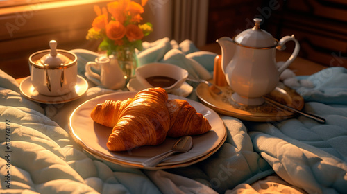 breakfast with croissants in bed. Generative Ai,