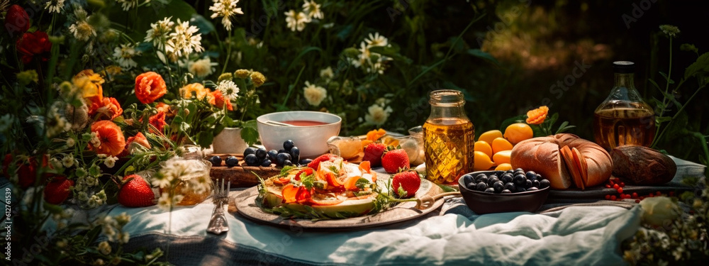 picnic basket overflowing with delicious food. Generative Ai,