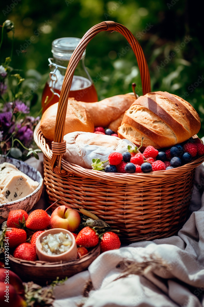 picnic basket overflowing with delicious food. Generative Ai, picnic basket overflowing with delicious food. Generative Ai,