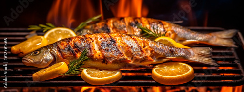 Grilled dorado fish cooking process with lemon, grilled fish barbecue. Generative AI,