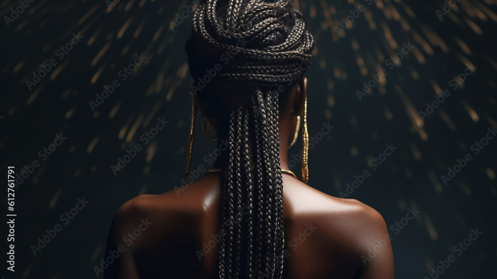 AI generative image of a back view of a young and elegant black woman with a braids hairstyle