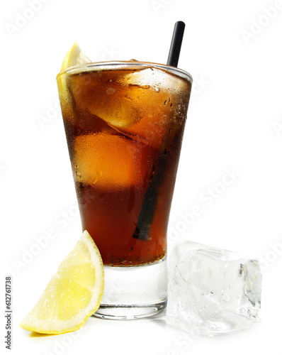 Canvas Print Cola with Lemon and clear Ice Cubes on Transparent PNG Background