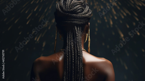 Obraz na płótnie AI generative image of a back view of a young and elegant black woman with a braids hairstyle w salonie
