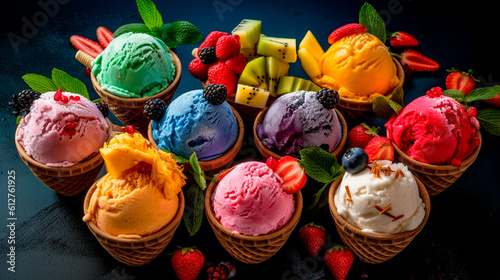 Variety of ice cream and frozen treats of berries and fruits. Generative AI 